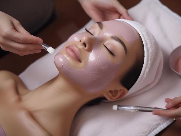 Woman relaxing with a purple facial mask applied at a spa.