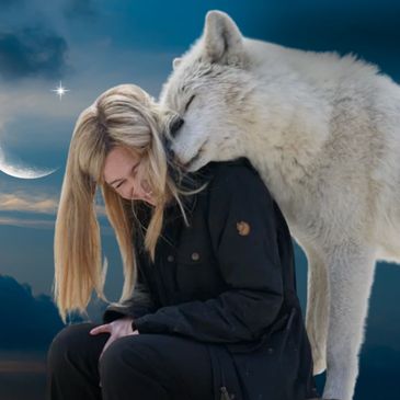 A white wolf nuzzles a smiling woman under a night sky with a crescent moon.