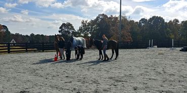 People with horses in an outdoor arena on a partly cloudy day.