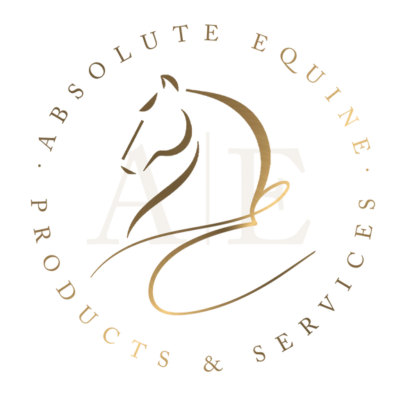 Absolute Equine Logo gold and dark brown horse in centre wirh writing in a circle around it