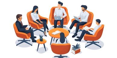 Team of six professionals having a meeting in a modern office setting.