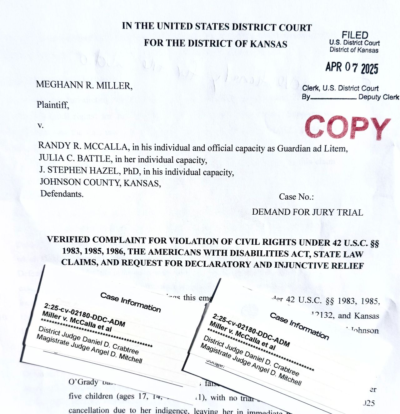 Federal civil rights complaint, ADA claim, and motion for temporary restraining order filed by pro se mother