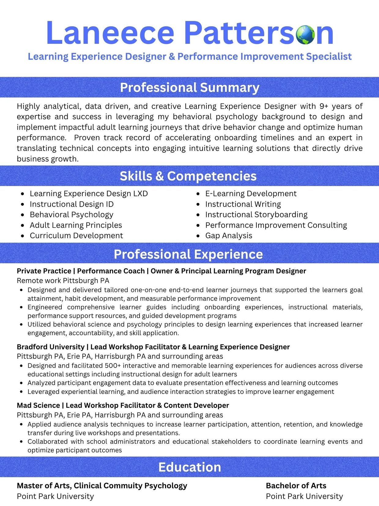 Professional resume of Laneece Patterson, Learning Experience Designer and Performance Improvement Specialist.