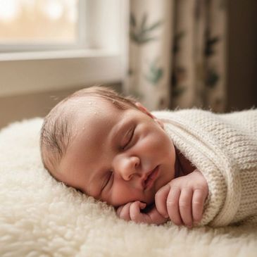 Newborn baby peacefully sleeping wrapped in a soft cream blanket.