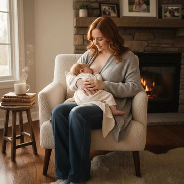 A mother breastfeeding her baby in a cozy living room. Ensuring effective child nutrition whilst breast feeding