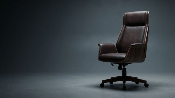 A dark brown leather office chair on wheels against a grey background.