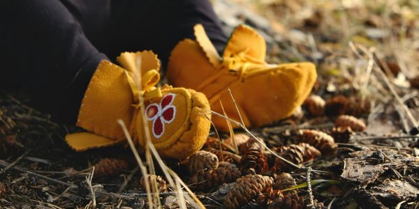Close-up of traditional moccasins on forest floor with pine cones.