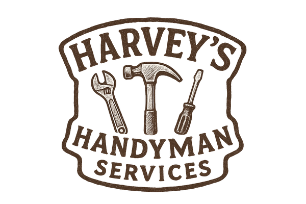 Vintage logo for Harvey's Handyman Services with wrench, hammer, and screwdriver.