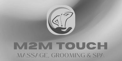 Logo for M2M Touch Massage, Grooming & Spa with a relaxing blue gradient background.