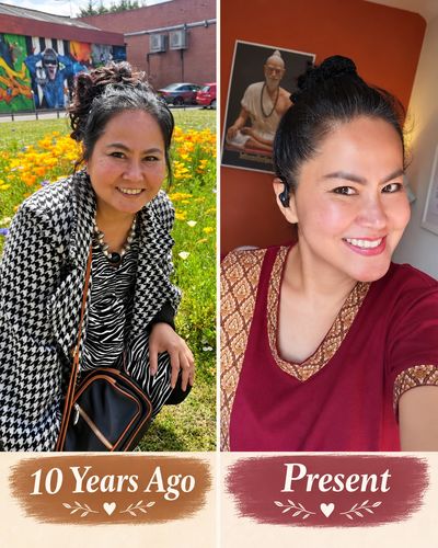 Side-by-side photos of a woman 10 years ago and in the present.