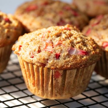 Strawberry rhubarb sourdough discard muffins made with freshly milled flour in grand forks British c