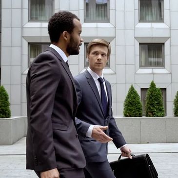 Two businessmen in suits walking and talking outside a modern office building.