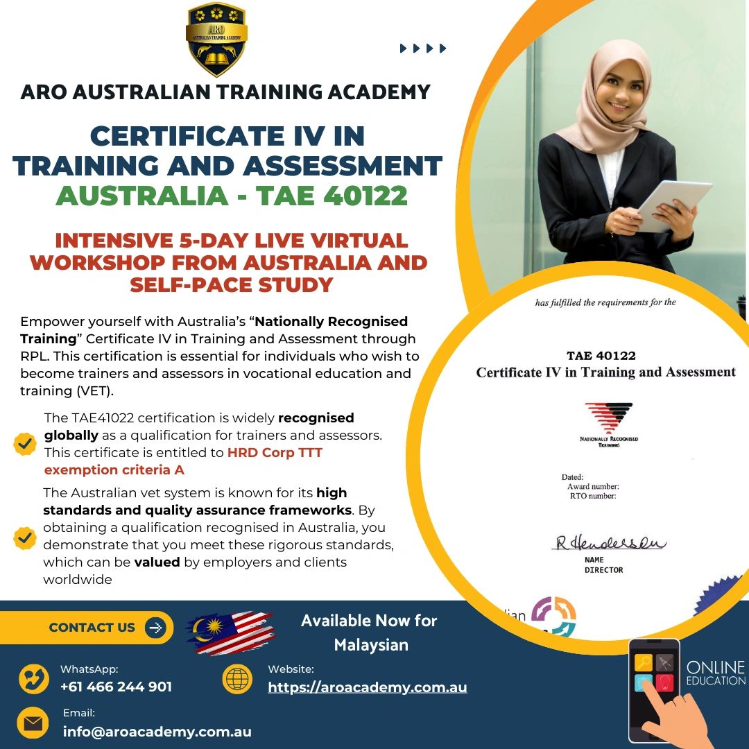 ARO Australian Training Academy offers Certificate IV in Training and Assessment with a 5-day live virtual workshop and self-paced study.