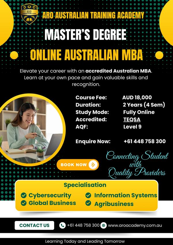 Online Australian MBA Master's Degree with specialisations in Cybersecurity, Global Business, Information Systems, and Agribusiness.