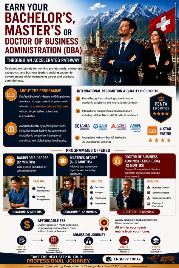 Earn Bachelor's, Master's, or DBA in Business through a Swiss fast-track program for professionals.