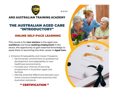 Online aged care introductory course for new starters seeking employment in Australia.
