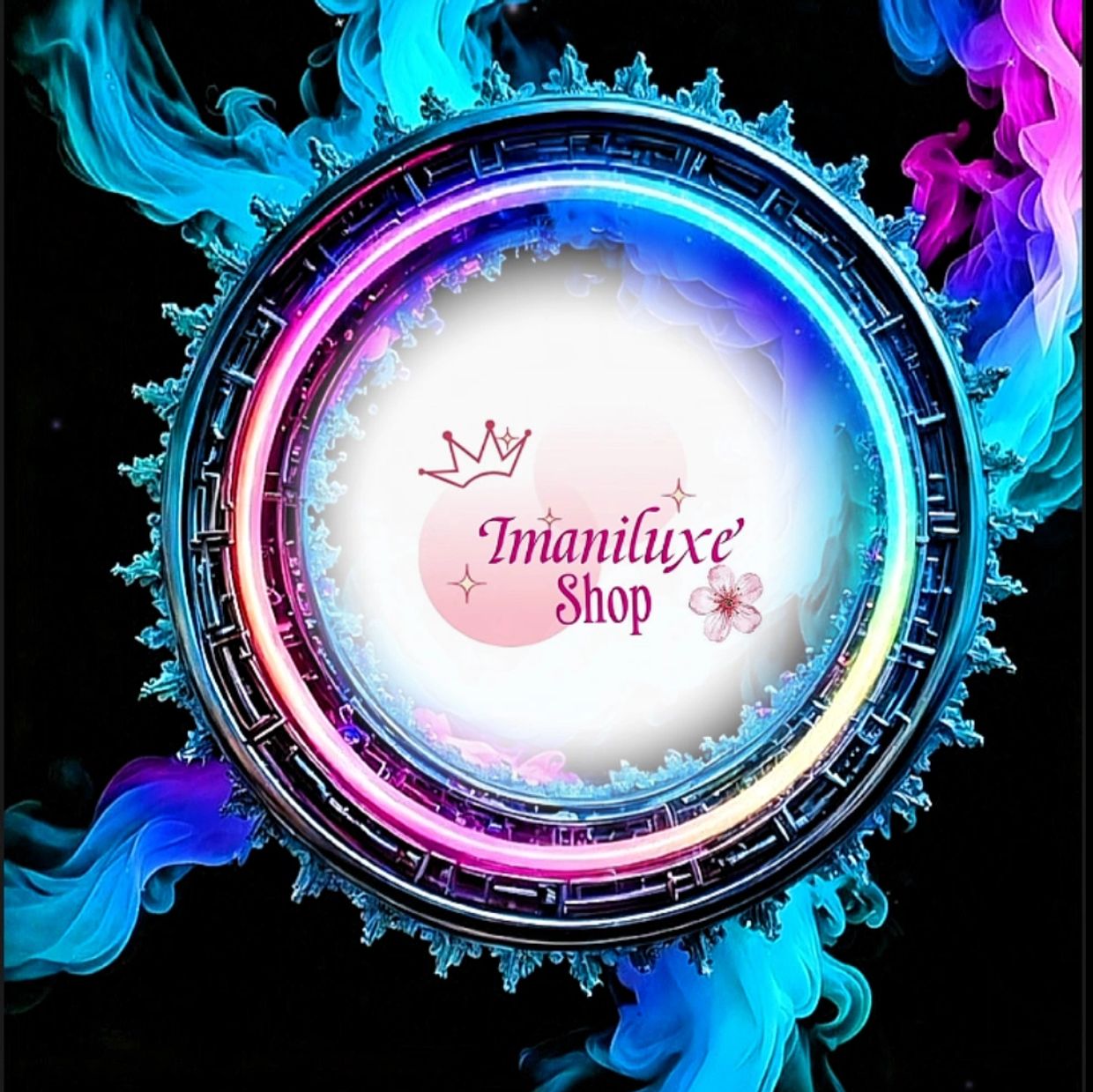 Colorful smoke surrounds a neon-lit circular frame with 'Imaniluxe' Shop text inside.