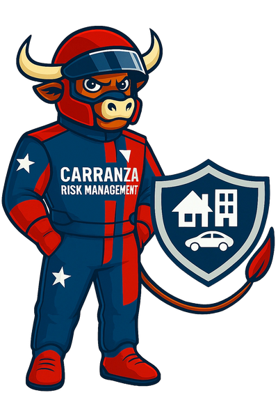 Bull mascot in racing suit representing Carranza Risk Management with a shield showing home, building, and car icons.