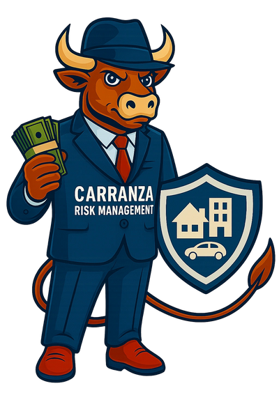 Bull mascot in a suit holding money and a shield for risk management.