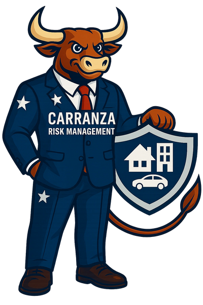A bull in a suit holding a shield with house, building, and car icons.