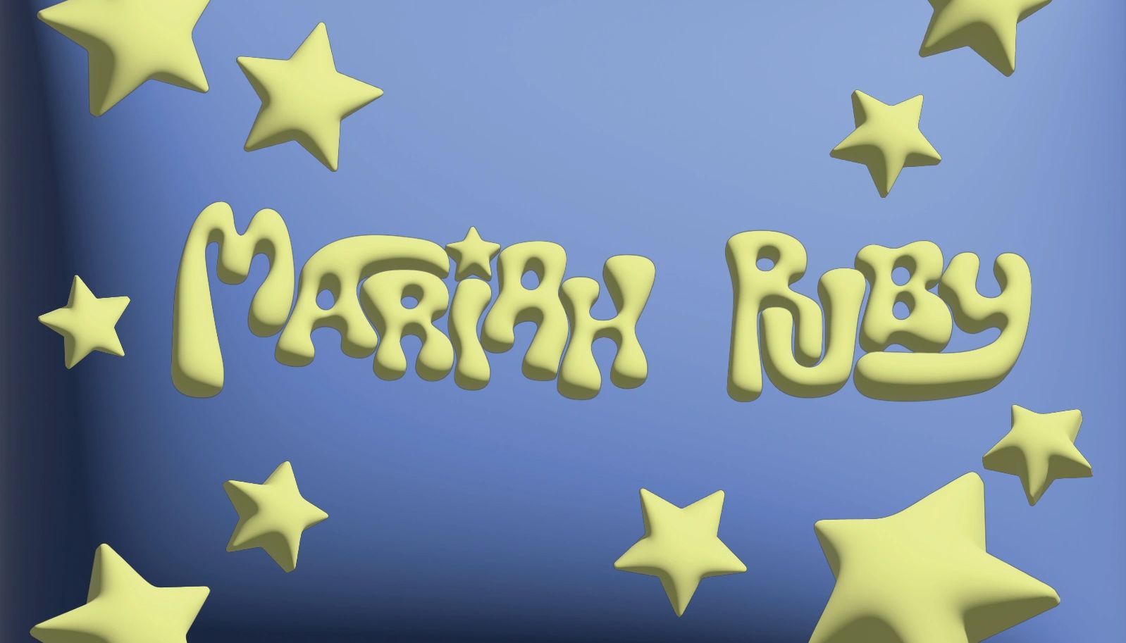 Yellow bubble text 'Mariah Ruby' surrounded by yellow stars on blue.