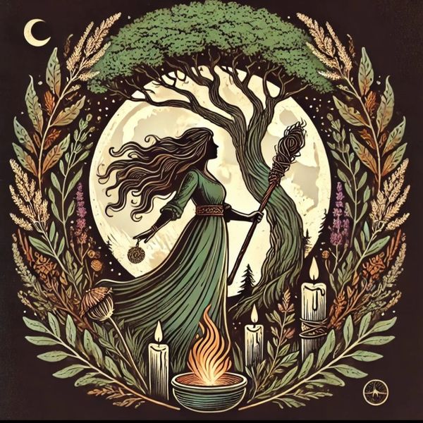 A mystical woman with a staff stands before a full moon, surrounded by candles and foliage.
