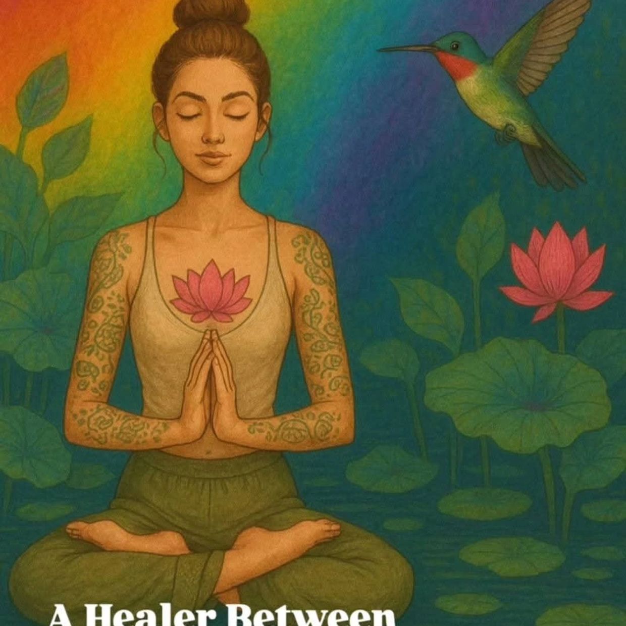 Woman meditating with lotus tattoo and hummingbird amid rainbow colors.