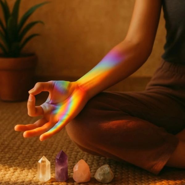 Person meditating with rainbow light on their arm and crystals in front.