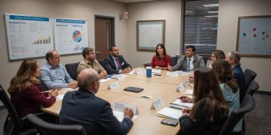 A diverse group of professionals engaged in a meeting around a conference table.