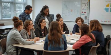 A diverse group of people engaged in a collaborative meeting around a table.