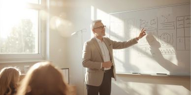 Businessman presenting data on a whiteboard in a sunlit room.
