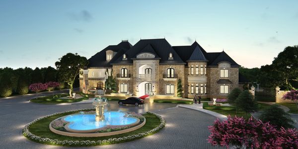 Luxurious mansion with a fountain and landscaped garden at dusk.