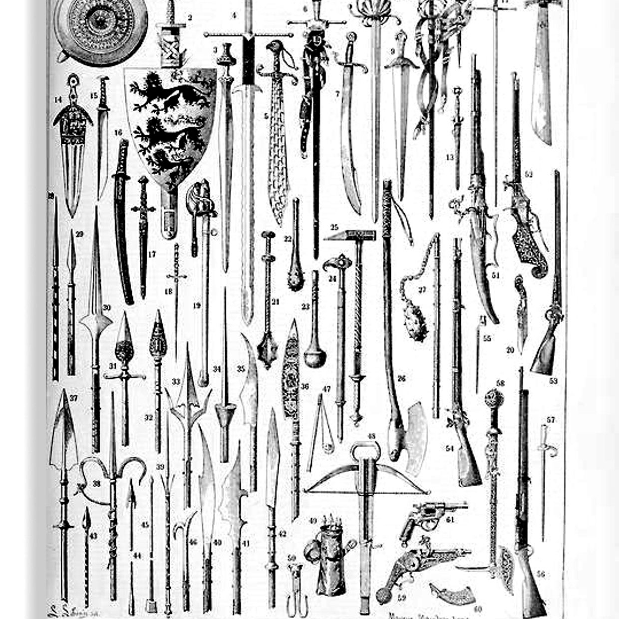 Illustration of various historical weapons and armaments.