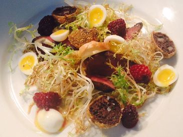 Pigeon black pudding Bon  quail salad Derbyshire Peak District bakewell