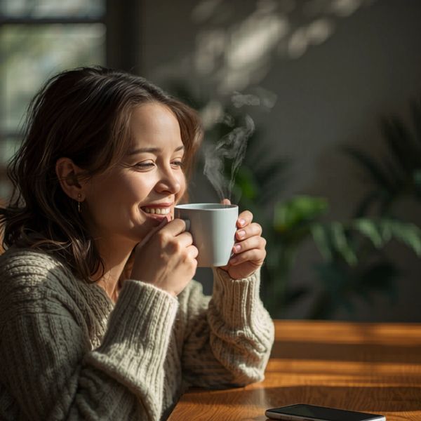 Woman enjoying a hot drink, smiling warmly in cozy sunlight.