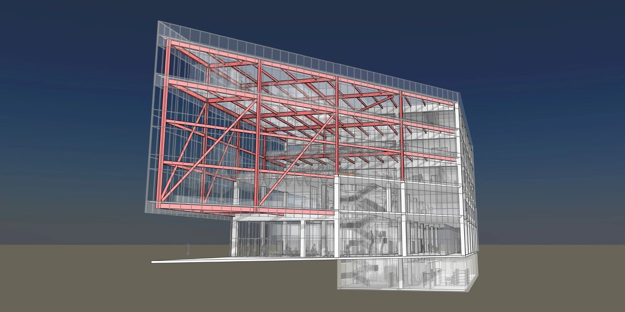 3D BIM image of a steel building with curtain wall.