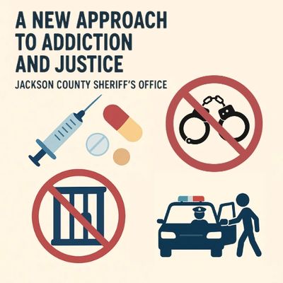 Illustration showing syringe, pills, no jail, and officer transport, representing Jackson County’s n