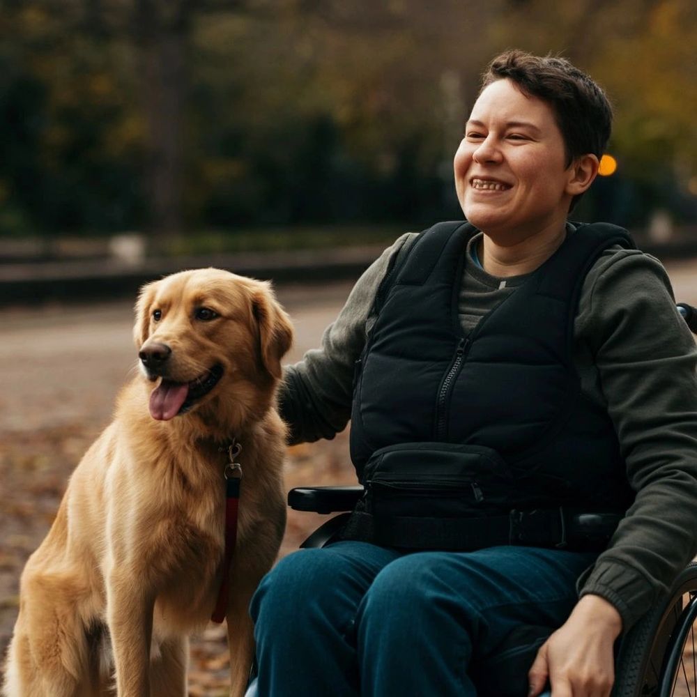 Happy person in wheelchair with a golden retriever in a park.