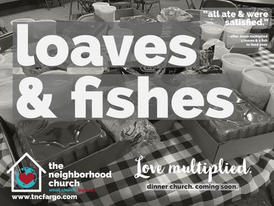 Flyer for Loaves &amp; Fishes dinner church event with food on a checkered table.