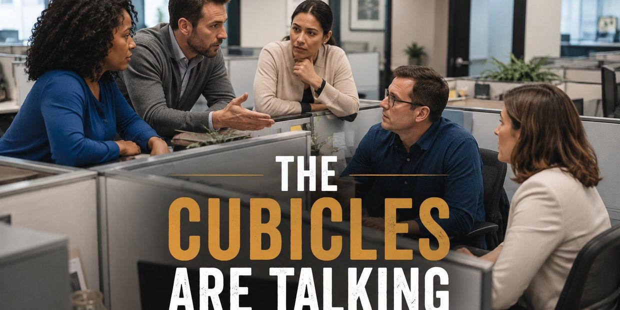 Five coworkers having an intense discussion in an office cubicle setting.