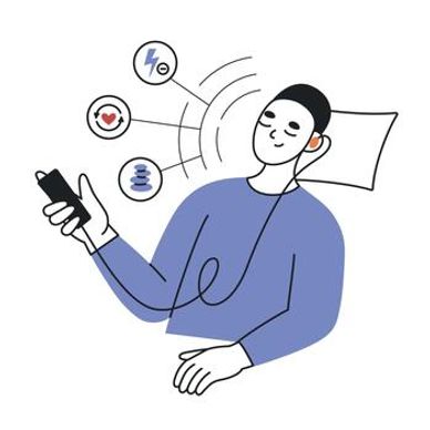 Person relaxing while listening to audio on earphones.
