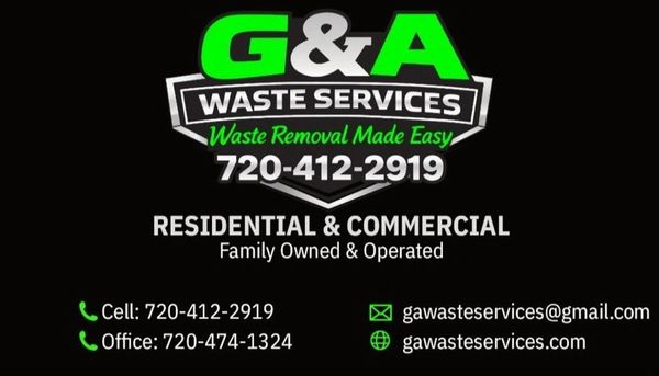 Logo and contact info for G&amp;A Waste Services, offering residential and commercial waste removal.