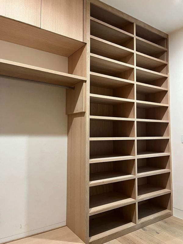 Rift sawn white oak built in shoe rack cabinet