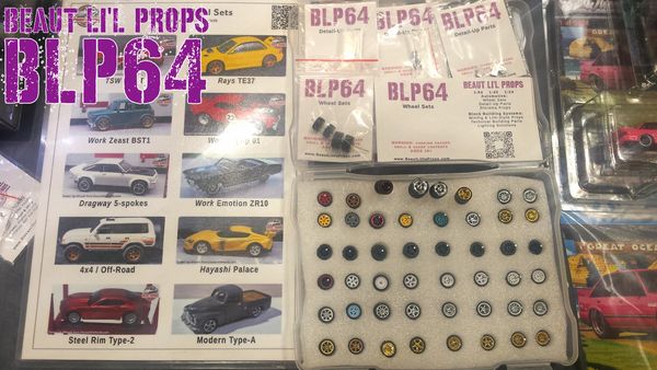 Display of Beaut Lil Props BLP64 detailed miniature wheel sets for model cars.