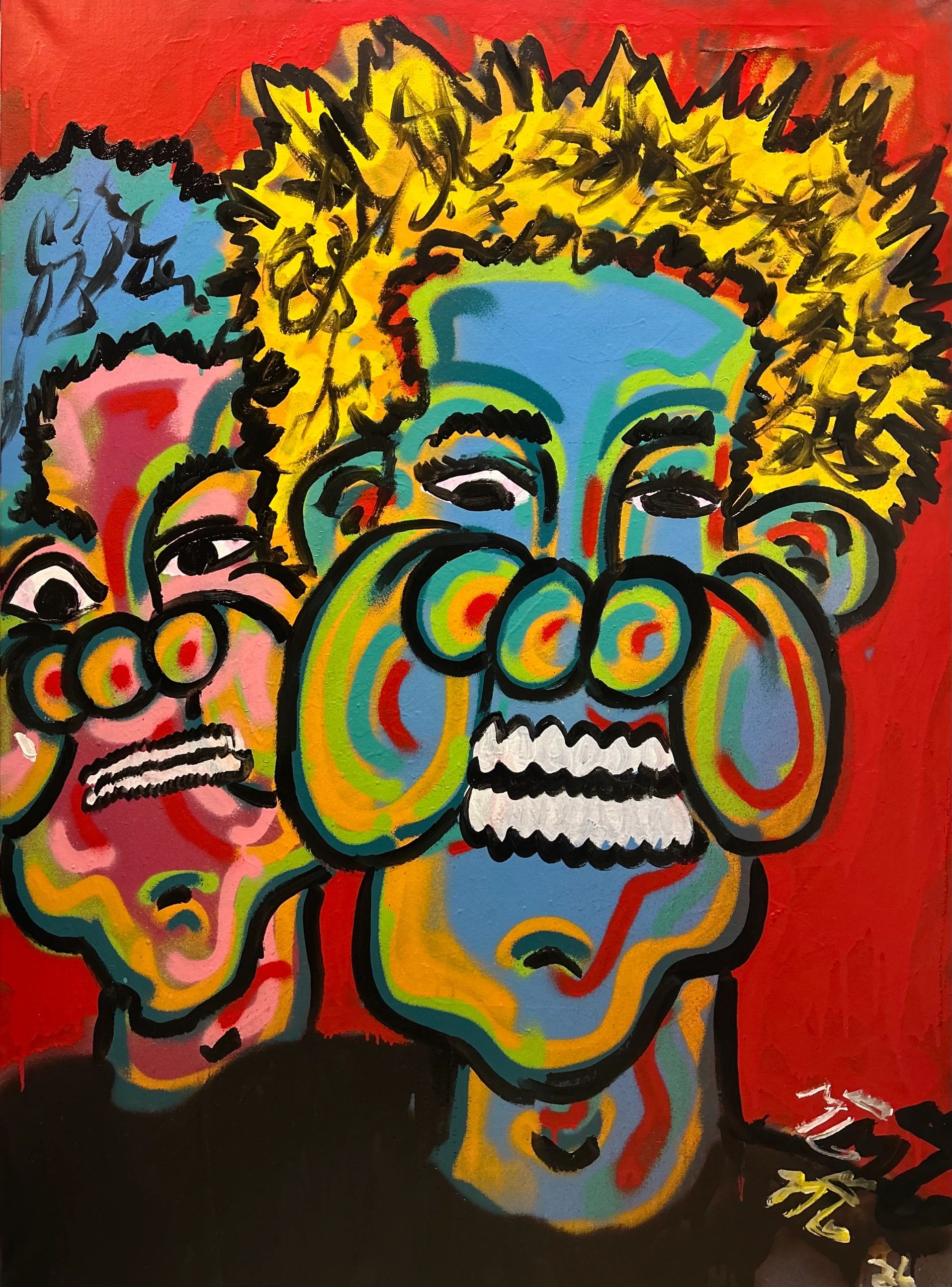 Colorful abstract faces with exaggerated features on a vibrant red background.