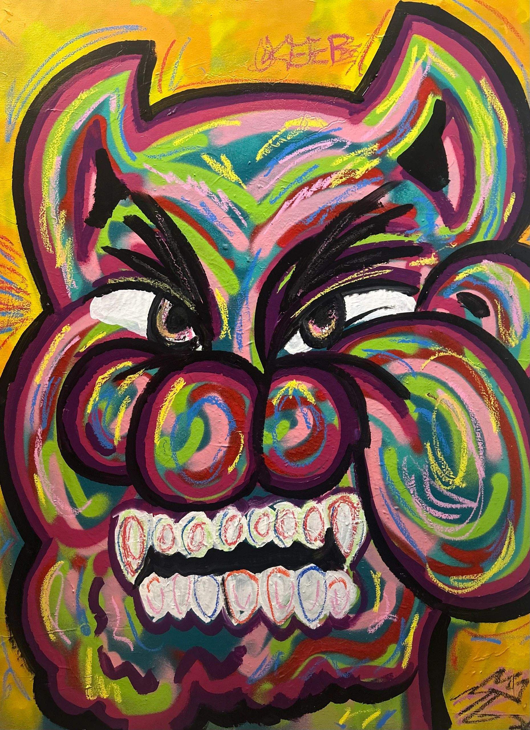 Colorful graffiti of a fierce dog face with vibrant swirls and sharp teeth.