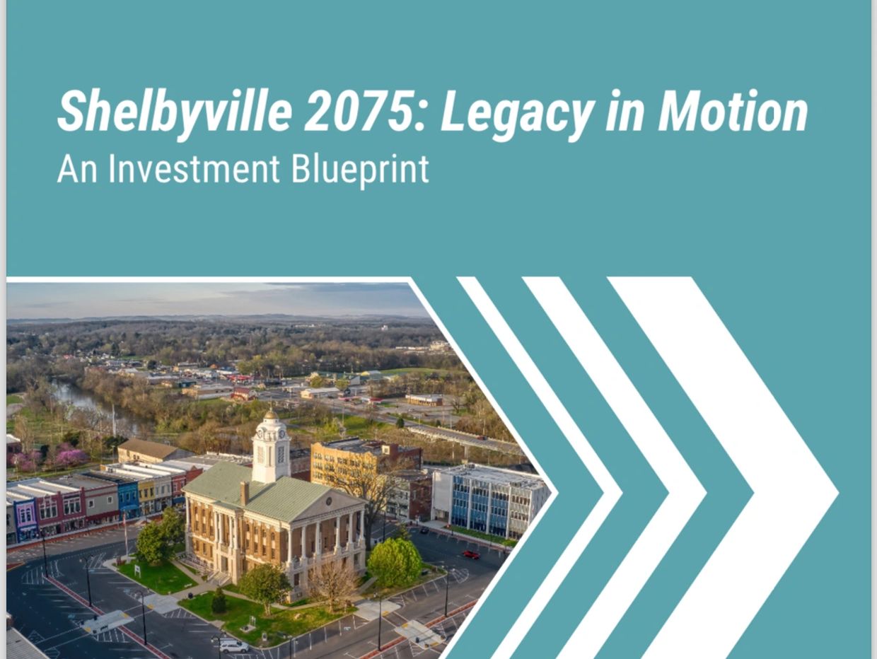 Shelbyville 2075 investment blueprint with cityscape and modern design.