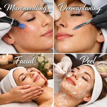 Four skincare treatments: microneedling, dermaplaning, facial, and peel.