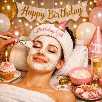 Woman enjoying a birthday spa day with a face mask and festive decorations.