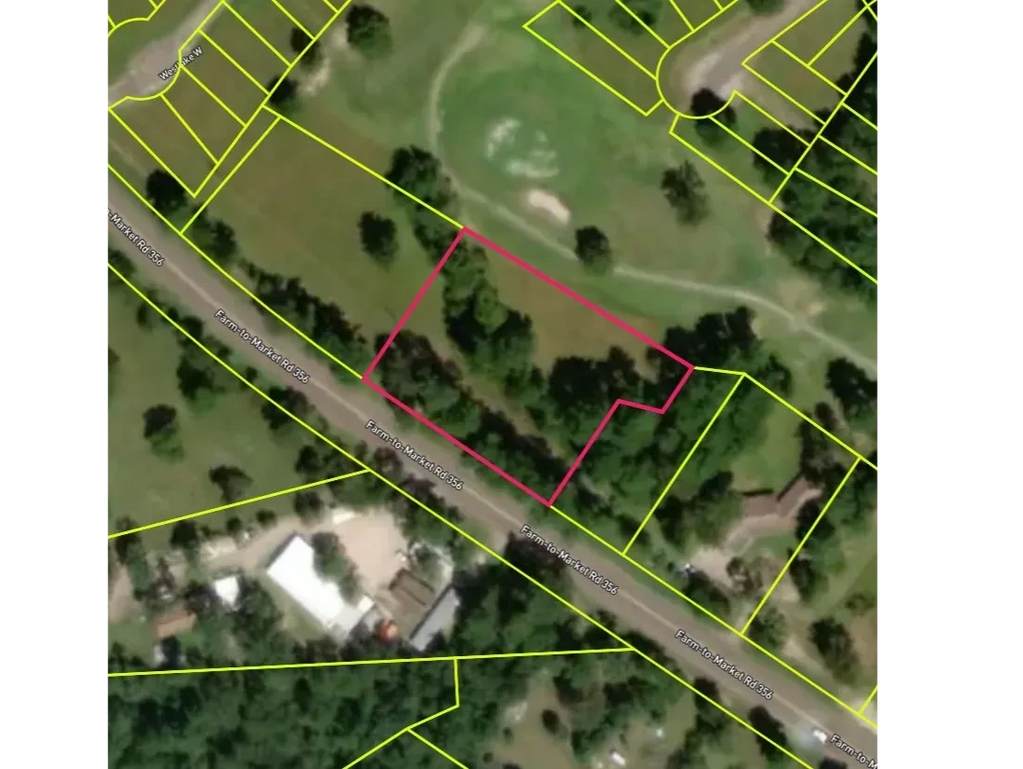 Aerial view of land parcels outlined in yellow and one in red along Farm-to-Market Rd 356.